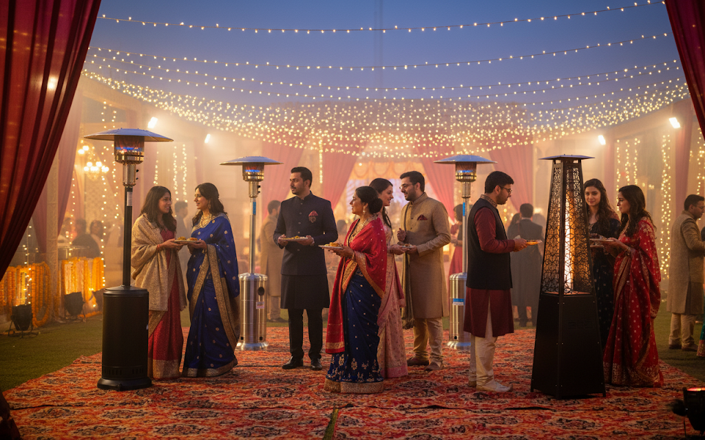 Premium outdoor heaters arranged at an elegant Indian wedding venue