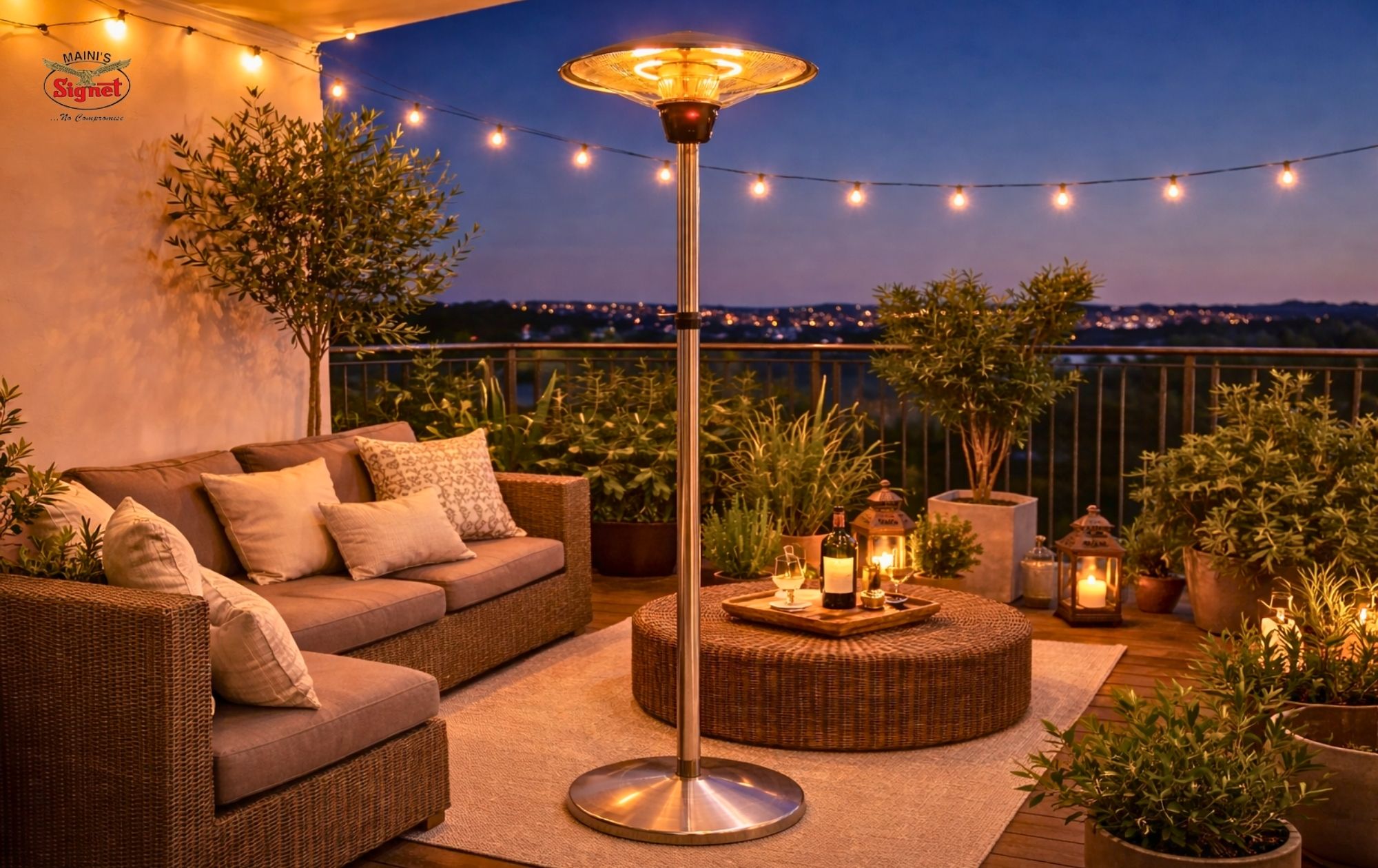 Cozy outdoor balcony with heater at night