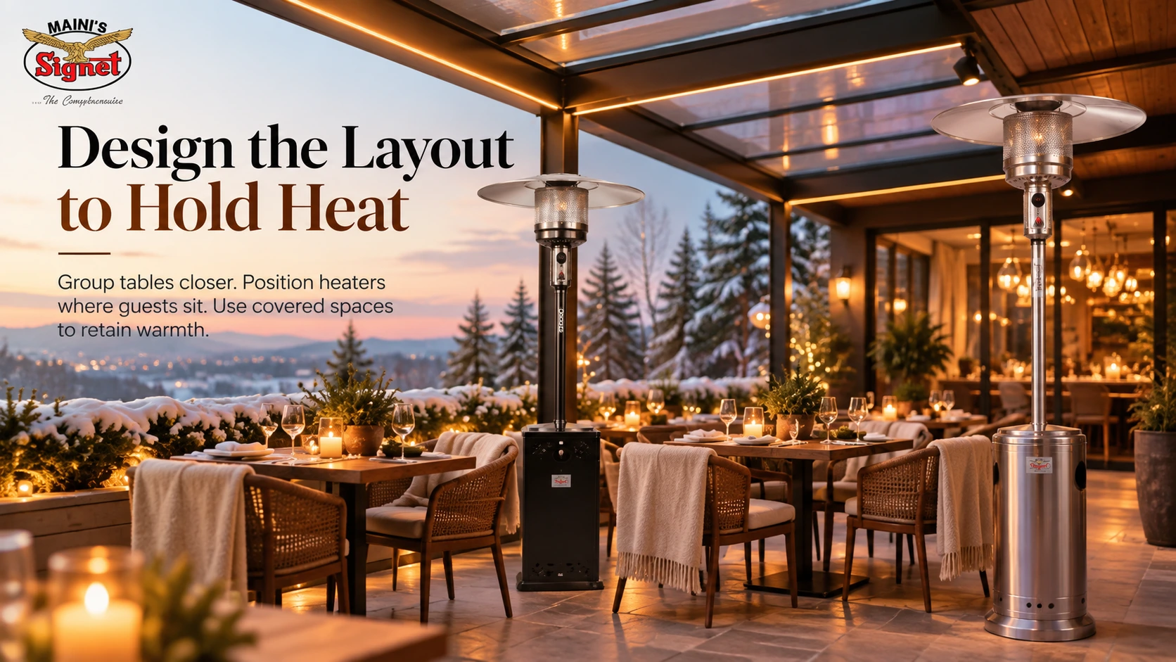Outdoor restaurant patio layout with LPG heaters positioned near dining tables to retain warmth in winter